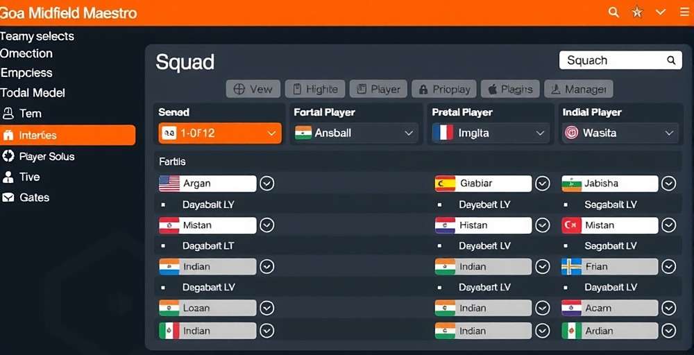 Team Management in Goa Midfield Maestro Goa Midfield Maestro team management screen showing squad selection with Indian player names